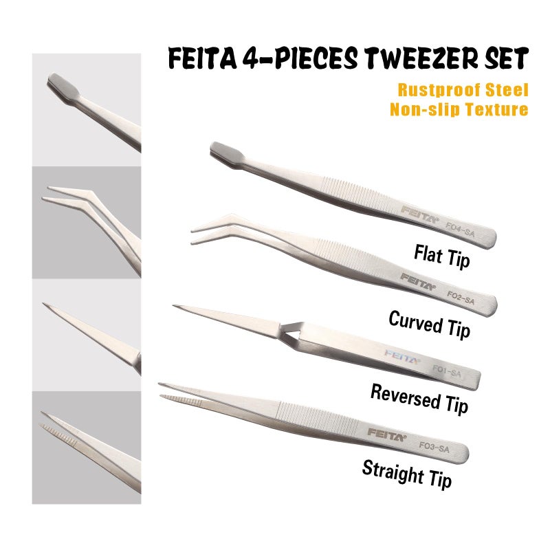 FEITA Professional Craft Tweezers Stainless Steel Precision Tweezer Set for Hobby, Electronics, Model Making, Jewelry Picking Tool - 4 Pieces - Image 3